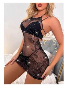 Body Stocking vestido de red con brillos Sexy - Negro - Ver 2