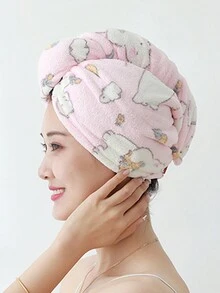 1pc Women's Cute Coral Fleece Wash Hair Cap, Absorbent,Dry Fast, Soft, No Lint, Strawberry/Bear/Bunny/Heart Shaped Printed Shower Cap - Pink - View 3