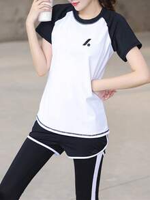 5-Piece Set Simple Color Block Yoga Suit - Black and White - View 4
