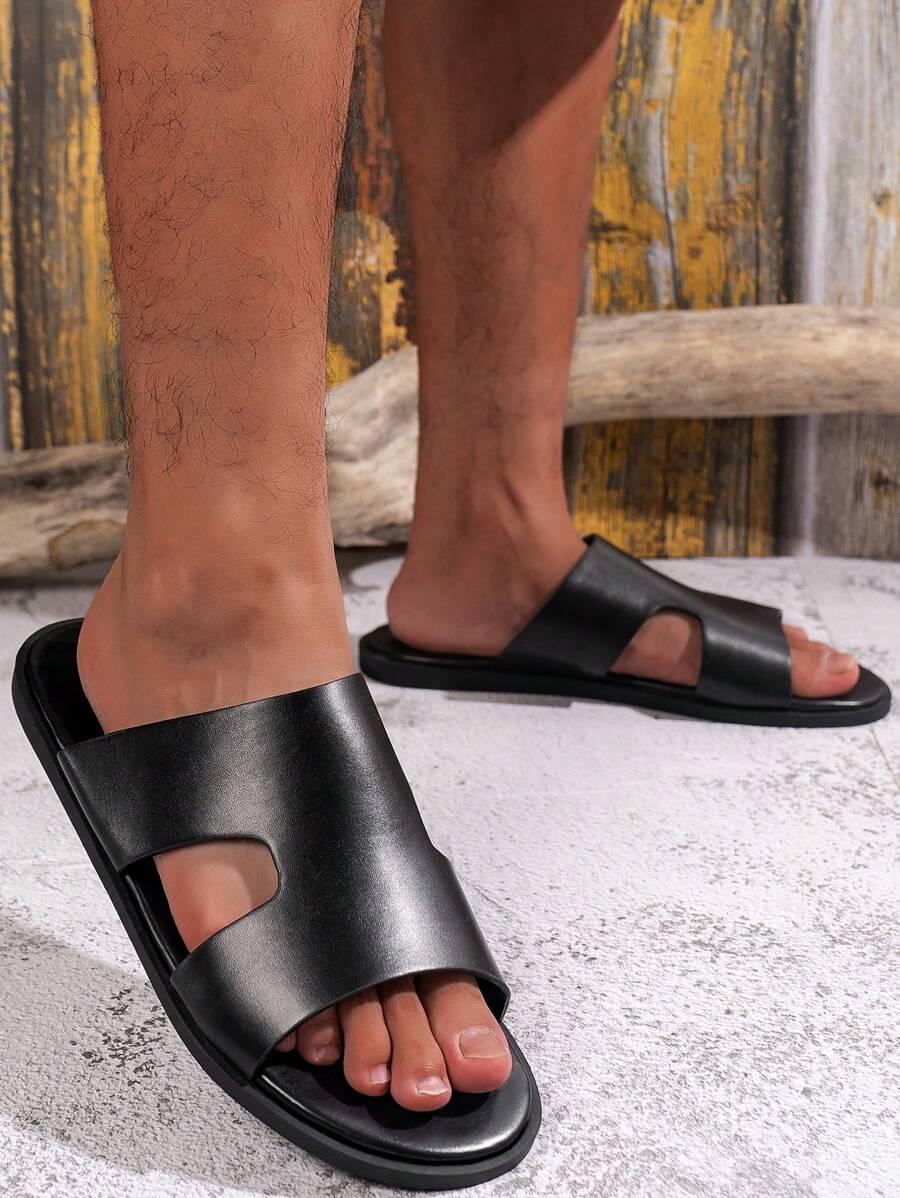 男士户外派对商务休闲一脚蹬露趾透气纯色高端时尚百搭平底凉鞋