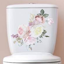 1pc Fresh Flower Toilet Sticker Pink Rose Removable Waterproof Vinyl Decal For Toilet Lid Tank Home Decor, 7.87*11.42in - Multicolor - View 1