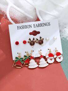 6 對馴鹿、聖誕老人、聖誕樹、雪花禮物主題耳環小姐聖誕首飾禮物 - 彩色 - 查看 1