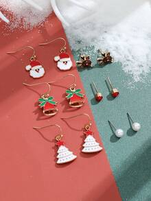 6 對馴鹿、聖誕老人、聖誕樹、雪花禮物主題耳環小姐聖誕首飾禮物 - 彩色 - 查看 2