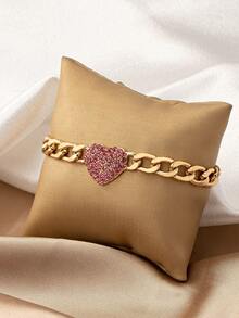 1 pieza Brazalete de cadena rosa grueso con cristales de imitación con forma de corazón, de estilo ins - Amarillo Oro - Ver 3