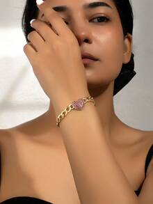 1 pieza Brazalete de cadena rosa grueso con cristales de imitación con forma de corazón, de estilo ins - Amarillo Oro - Ver 1