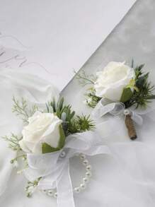 1入組象牙玫瑰手腕胸花手環,白色婚禮花裝飾用品適用於舞會配件