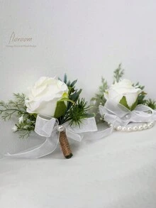 1入組象牙玫瑰手腕胸花手環,白色婚禮花裝飾用品適用於舞會配件