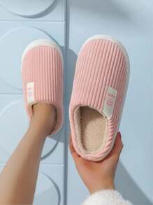 Women's Thickened sole Indoor House Slippers With Marked Pattern Design , Winter Warm Plush Lining, PVC Sole, Couples Slides - Pink - View 4