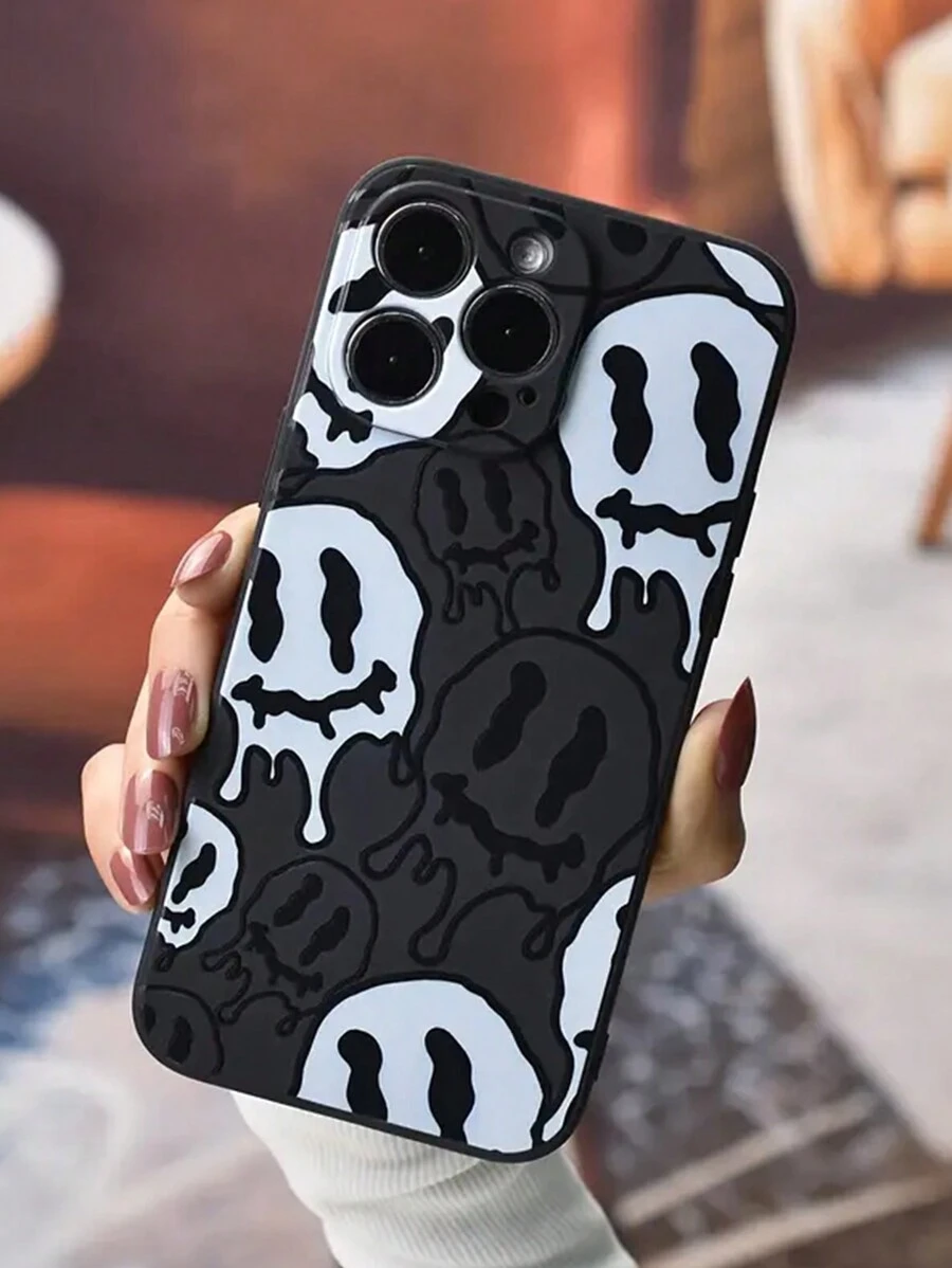 1 Funda Para Teléfono Con Patrón De Emoji En Blanco Y Negro Pintada A Mano Compatible Con Iphone - Multicolor - Ver 1