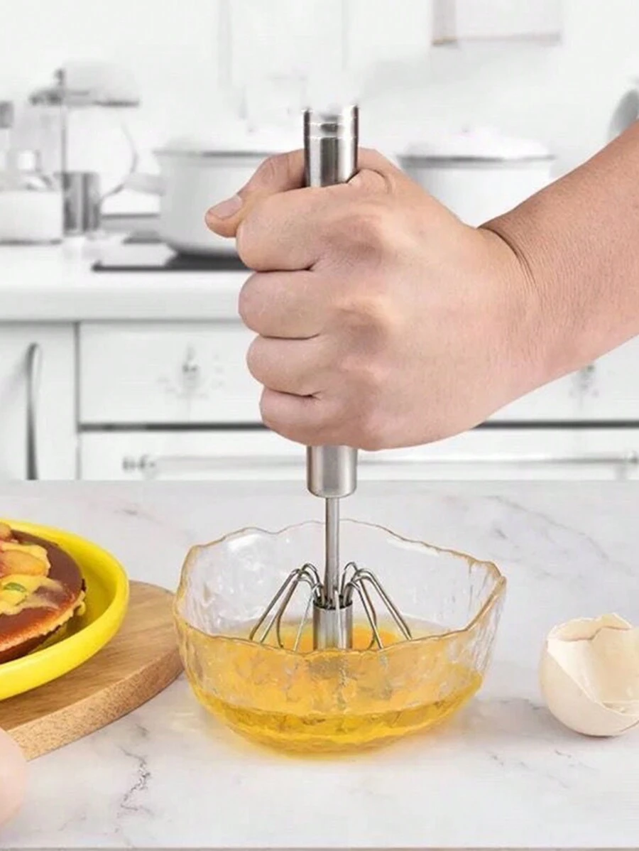 1pc Semi-automatic Egg Beater, Large Stainless Steel Hand Mixer With Press Button, Baking Tool For Whisking And Beating Cream And Eggs, Household Manual Mixer - Multicolor - View 1