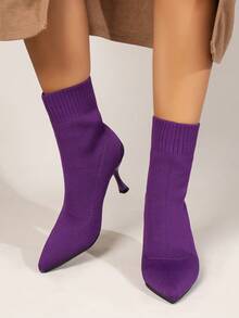 Giày bốt cao đến đùi dệt kim Giáng sinh dành cho nữ, Giày bốt trần trụi mới 2023 dành cho nữ, Giày cao đến giữa bắp chân mới dành cho nữ, Giày cao gót mũi nhọn mỏng co giãn, Giày cao gót sành điệu & thanh lịch, Thoải mái & thời trang - Màu tím - Xem 3