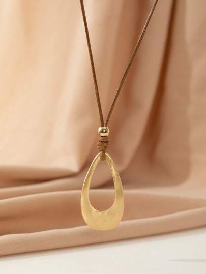 1pc European And American Fashion Simple Style Creative Geometric Hollow Out Large Teardrop/Heart/Heart Couple Double Layer Round Shape Pendant Handmade Metal Wire Drawing Effect Adjustable Long Necklace Suitable For Women Daily Wear