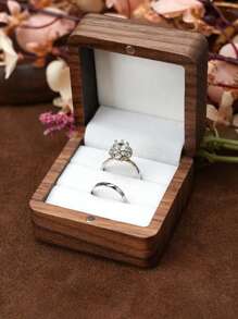 1 Pieza Caja De Doble Anillo Tallada En Madera De Nogal Romántica Con Revestimiento De Terciopelo Blanco Para Propuesta, Almacenamiento De Anillos De Bodas, Regalo Sorpresa