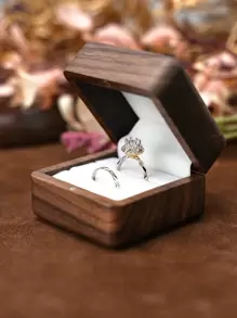 1 Pieza Caja De Doble Anillo Tallada En Madera De Nogal Romántica Con Revestimiento De Terciopelo Blanco Para Propuesta, Almacenamiento De Anillos De Bodas, Regalo Sorpresa
