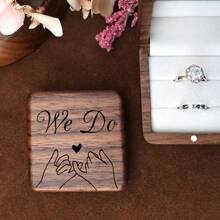 1 Pieza Caja De Doble Anillo Tallada En Madera De Nogal Romántica Con Revestimiento De Terciopelo Blanco Para Propuesta, Almacenamiento De Anillos De Bodas, Regalo Sorpresa
