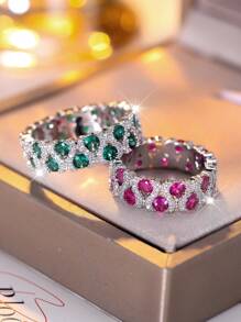 1 Pieza Anillo De Círculo Completo Exquisito Y De Moda Con Decoración De Piedra Preciosa Cz Verde, Obsequio Ideal Para Esposa, Adecuado Para Uso Diario, Decoración De Fiesta, Anillo Solitario - Verde - Ver 2