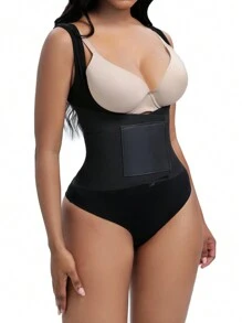 1pc Tummy Control Waist Trainer Shapewear Bodysuit With Belt Body Shaper Body Thong - Black - View 5