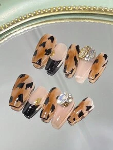 10 件棺材形純手工光療假指甲法式風格,野豹紋圖案,焦糖拿鐵漸變色,鴿子蛋水鑽,可拆卸,芭蕾舞形狀,秋冬美甲裝飾,全覆蓋,適合派對舞蹈,日常佩戴,安全適合孕婦,按壓式且可重複使用,配有1 個果凍膠和1 個銼刀。 - 彩色 - 查看 4