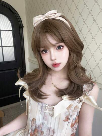 alicegarden 1 Piece Synthetic Heat-Resistant  Microvolumes Wig In Linen Brown Wigs, With Bangs, 18 Inches Long, Made From Fiber, Suitable For Daily Use, Natural And Realistic False Hairpiece.