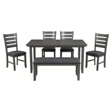Nestfair Gray 6-Piece Wooden Dining Set with 4 Chairs and Bench