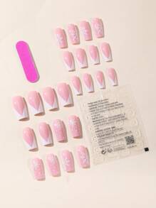 24入組圣誕粉色法式美甲，白色雪花設計全覆蓋光澤假指甲，女性節日穿戴，壓花式指甲用品 - 彩色 - 查看 2