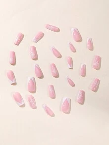 24入組圣誕粉色法式美甲，白色雪花設計全覆蓋光澤假指甲，女性節日穿戴，壓花式指甲用品 - 彩色 - 查看 3