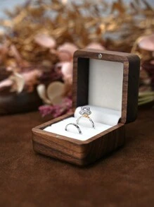 1 Pieza Caja De Doble Anillo Tallada En Madera De Nogal Romántica Con Revestimiento De Terciopelo Blanco Para Propuesta, Almacenamiento De Anillos De Bodas, Regalo Sorpresa