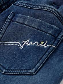 Annil Girls' Plush, Warm, Comfortable And Versatile Leather Band Belt Denim Pants Blue