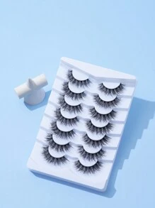 7 Pairs/Set Full Strip False Eyelashes, European And American Style, Natural Looking, Dense Volume, Fluffy, Faux 3d Dimensional Effect, Pointed Tail, Very Thin Black Stem, Clearly Separated, Lightweight, Soft, No Burden, Not Irritating, Charming Eye Makeup, Reusable, Essential For Daily And Work Commute, Portable, Easy To Apply, 5-12mm - Black - View 4