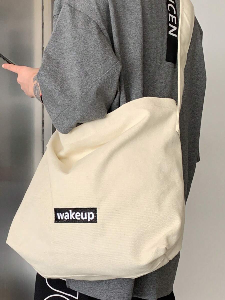 Bolso Cruzado De Gran Capacidad Para Hombres Con Patrón De Letras, Bolso Bandolera, Bolso De Hombro, Bolso Lateral, Bolso Cuadrado Para Esenciales De Viaje, Bolsa Escolar Para Estudiantes Universitarios, Regalos De Verano Para Novios, Regalos Para Hombres - Beis - Ver 1