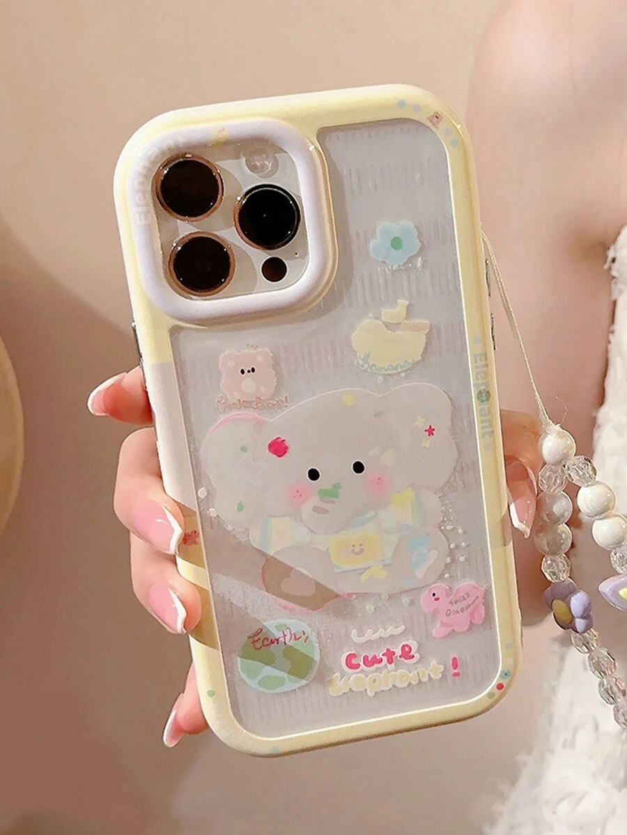 1 件奶油色壓克力條紋大象圖案手機殼相容於 Apple - 白色 - 查看 1