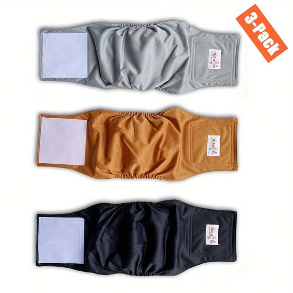 3pcs Male Dog Cloth Diaper, Reusable Dog Pee Pants, Washable Cloth Pet Belly Wrap, Puppy Dog Underwear,  Pet Care Diapers (Black+Brown+Grey)