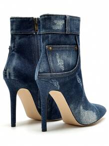 女式時尚短筒靴，搭配細高跟，破洞水洗設計 - 藍色 - 查看 3