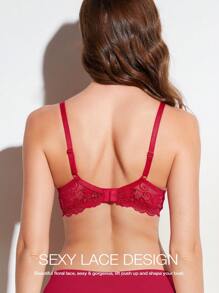 Wingslove Sujetador con aros de encaje con relleno y efecto push up para mujer, lencería