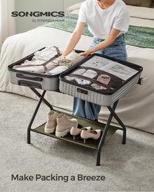 SONGMICS Luggage Rack, Suitcase Stand With Fabric Storage Shelf, For Guest Room, Bedroom, Hotel, Foldable Holders, Holds Up To 110 Lb (50kg), 27.2" L X 15" W X 20.5" H (69 X 38 X 52 Cm) - 軍綠色 - 查看 1