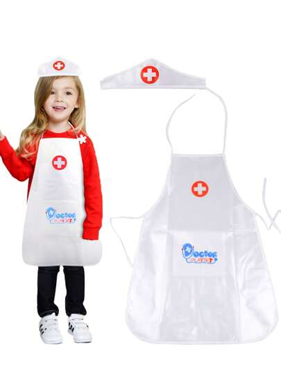 1 Set White Apron (Apron+Hat) Toy Dress Up Clothes For Kids, Doctor Apron Costume For Boys And Girls, Children Clothes, 3-6 Years Old