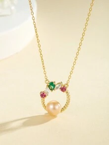 1pc S925 Sterling Silver Pendant Necklace Embedded With Colorful Cubic Zirconia And Natural Freshwater Pearl, Original Design, Suitable For Daily, Party And Dating Wear - Yellow Gold - View 4