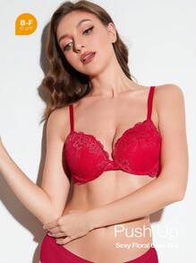 Wingslove Sujetador con aros de encaje con relleno y efecto push up para mujer, lencería