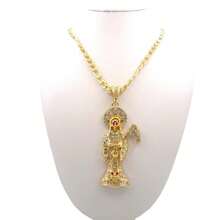 1pc Gorgeous Rhinestone Santa Muerte Necklace Men's Necklace Santisima Muerte Pendant 60CM Figaro Chain - Gold - View 2