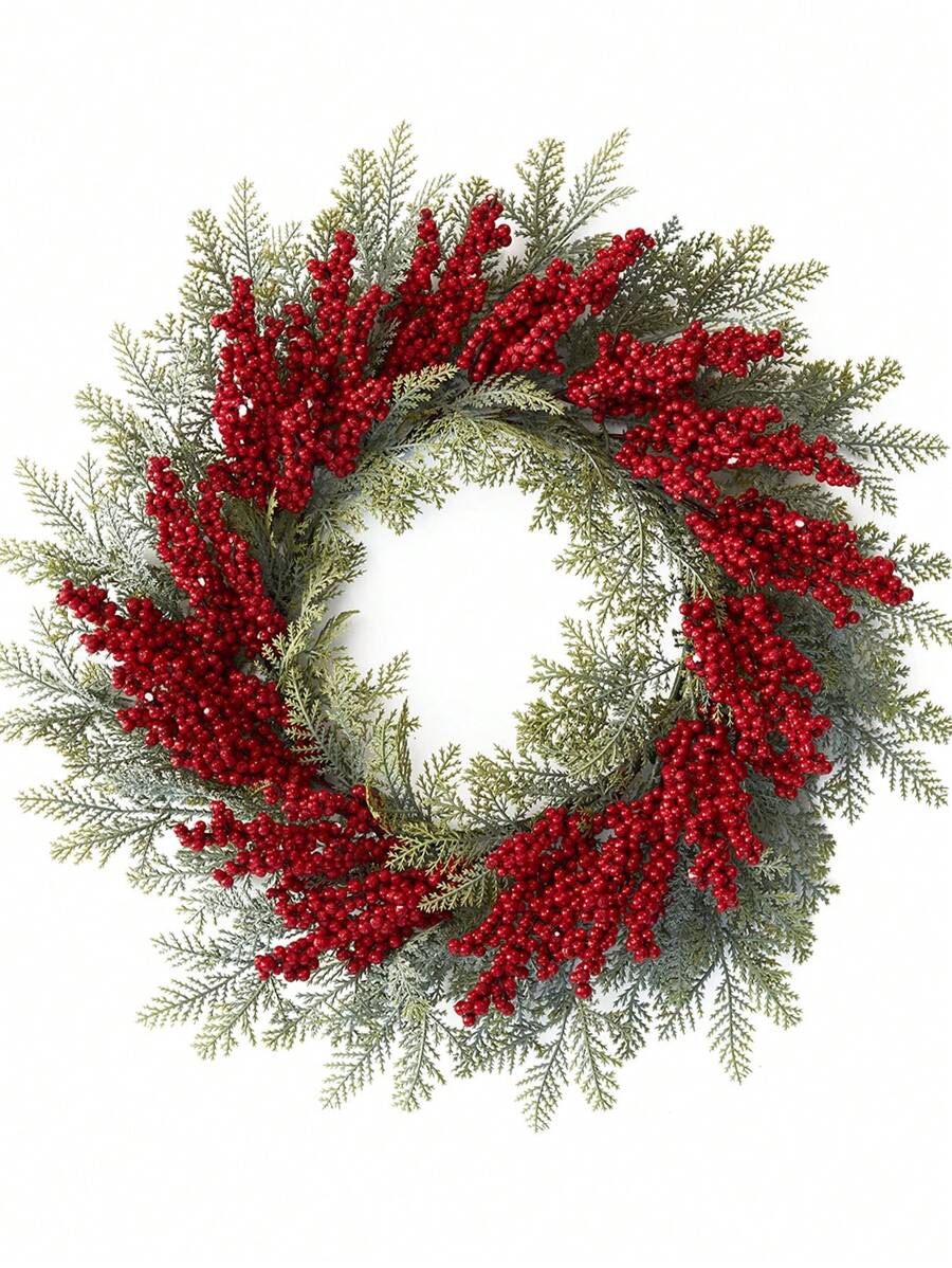 50cm Red Berries Pine Wreath, 1pc, Plastic + Foam, Suitable For Decoration, Party Decor, Window, Door Frame, Candle Holder, Chair Back Hanging Decor, Wall Hanging Decor, Winter Best Gifts Birthday Home Decor Christmas Decorations Room Decor Christmas Christmas Decorations Home Christmas Gifts Christmas Decor - Multicolor - View 1