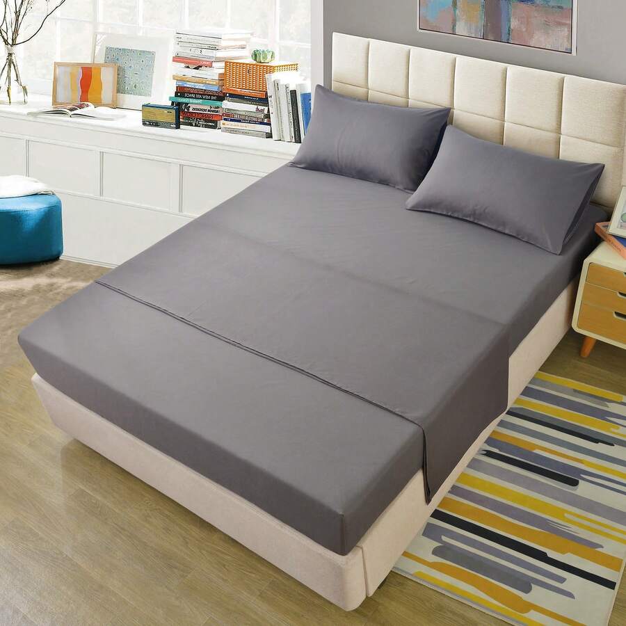4pcs Phong cách Đơn giản Mềm mại & Thoáng khí Màu thuần Bộ chăn ga gối , Bao gồm 1 Miếng Trang tính , 1 Miếng Váy ngủ , 2 Miếng Vỏ gối , Thích hợp Đối với Tất cả các mùa - Màu xám đen - Xem 1