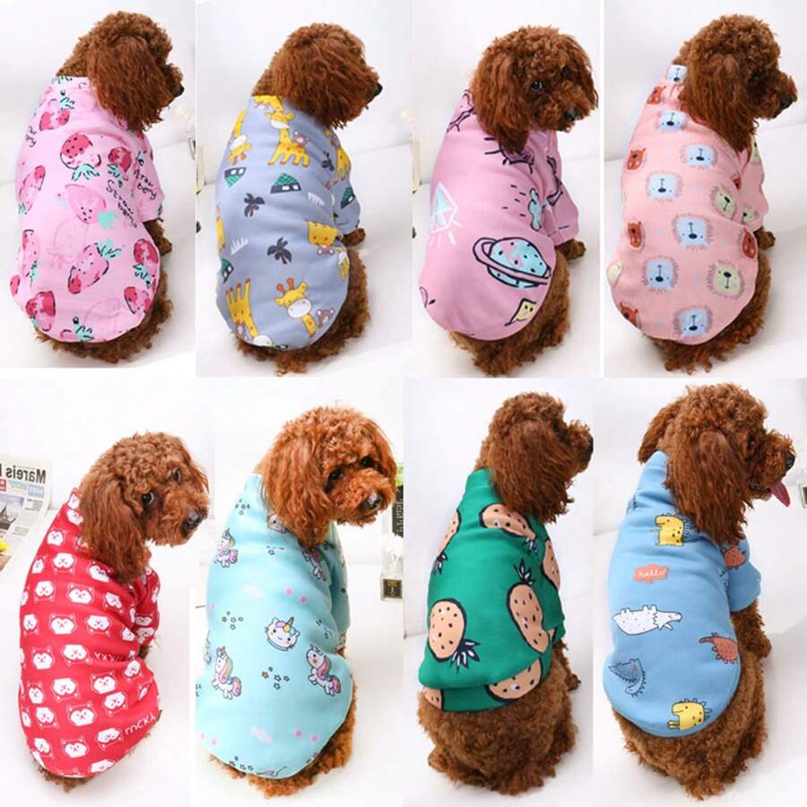 Fashionable Cartoon Printed Plush Warm Hoodie Two Legs Dog Clothes For Small Dog Breeds Like Teddy, Poodle - Blue - View 1