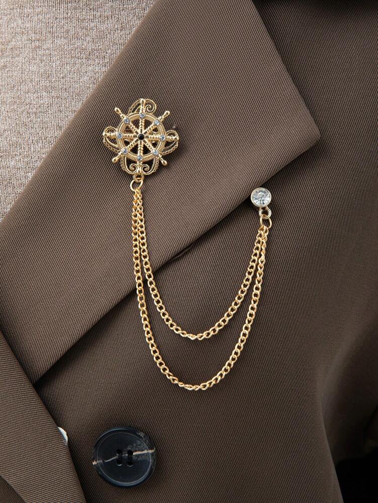 1pc Men's Personalized Vintage Round Suit Accessory Metal Chain Tassel Fashion Lapel Pin For Jacket