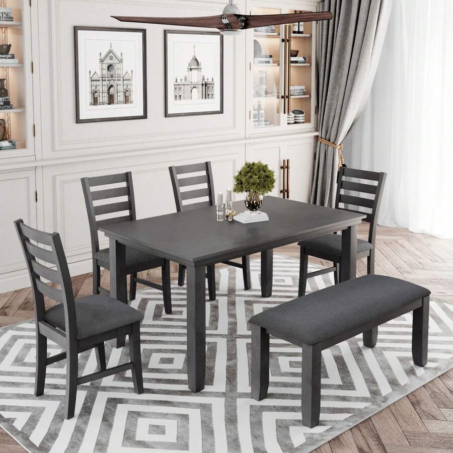 Nestfair Gray 6-Piece Wooden Dining Set with 4 Chairs and Bench