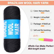 4Pcs Natural Black Brazilian Wool Hair locs for Braids Acrylic Hand Knitting Yarn for soft Hair Braiding Hair Extension Crochet Braid Senegalese Twisting Jumbo Braids Faux Locs butterfly locks