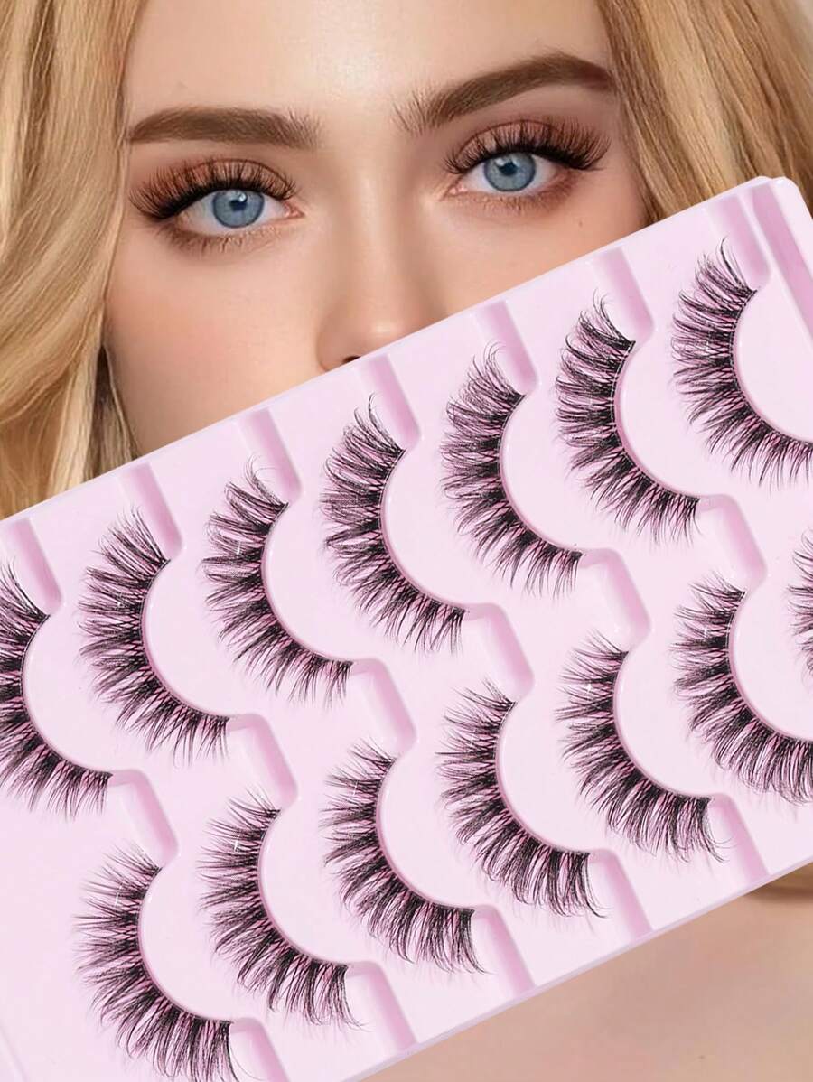 7 对/套全条假睫毛，欧美风格，自然外观，浓密，蓬松，仿 3D 立体效果，尖尾，非常细的黑色茎，清晰分离，轻盈，柔软，无负担，不刺激，迷人眼妆，可重复使用，日常和通勤必备，便携，易于粘贴，5-12 毫米条状睫毛，睫毛，睫毛，假睫毛