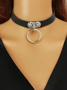 Ring Pendant Buckle Choker - Black - View 2