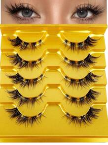 New 5pairs/Set False Eyelashes, Natural And Stylish Faux Waterproof Eyelashes With 3d Volume And Cat Eye Effect, Transparent Stems, Natural And Beautiful, Suitable For Daily Use, Carnival Parties, Music Festivals, Weddings Strip Lashes,Lashes,Eyelashes,Fake Lashes