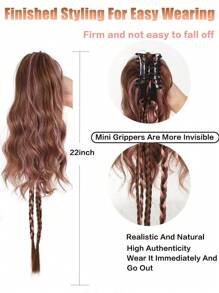 Black Brown Highlighted Pink Claw Clip In Wavy Ponytail Extensions  Synthetic 22 Inch Long Wavy Ponytail With Braid Extensions For Women - Multicolor - View 3