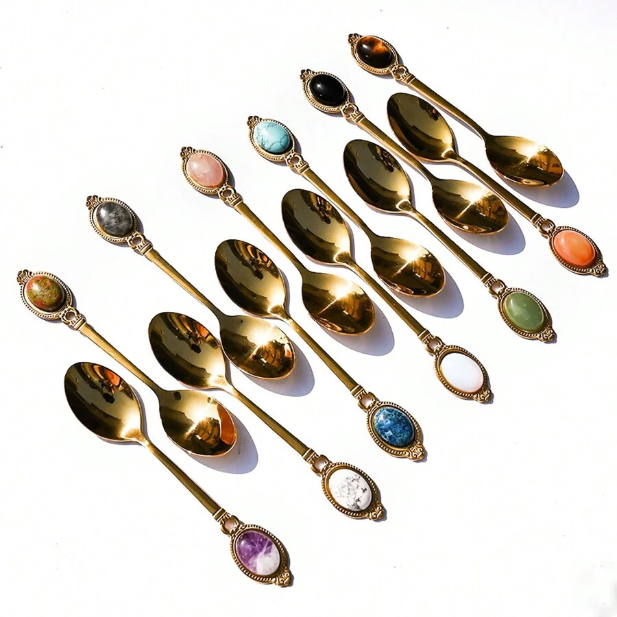 1pc 13cmX3cm Natural Crystal Mini Jade Spoon Amethyst Tiger Eye Mixing Spoon Creative Gift Spoon - Multicolor - View 1